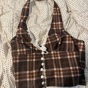 Brown Plaid Halter Top with White Buttons